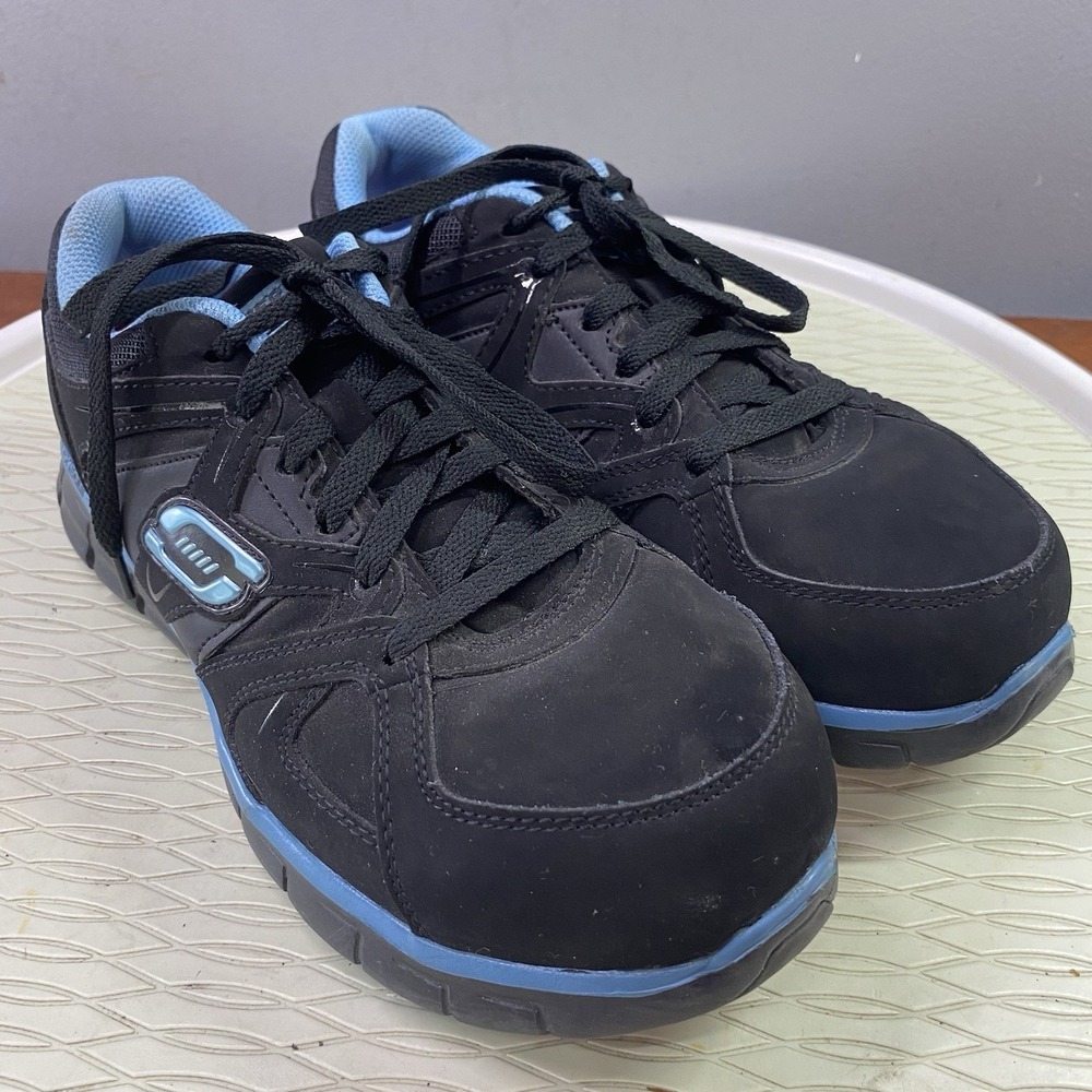 Skechers Women Slip Resist Mem Foam Alloy Toe Work Shoe EUC Black&Blue ASTM 8 EW